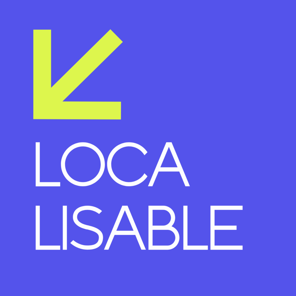 Logo de l'entreprise Localisable avec flèche stylisée verte sur fond bleu, évoquant le référencement local et la technologie.