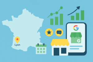 Personne gérant une fiche Google Business : carte de France avec Lyon mis en évidence, smartphone affichant une fiche, vitrine de commerce, graphiques de performance et icônes d’avis (style flat, sans texte).