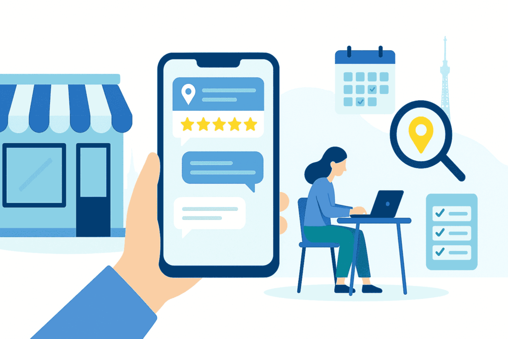 Personne à Lyon répondant aux avis Google pour sa fiche Google Business : smartphone avec étoiles, vitrine de magasin et ordinateur.