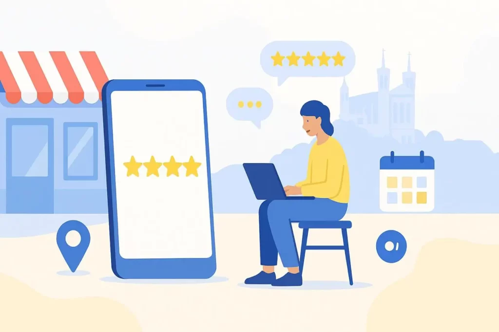 Illustration d’une femme assise avec un ordinateur portable, laissant un avis en ligne devant une boutique. À côté, un grand smartphone affiche une note de 5 étoiles. Des bulles de dialogue avec des étoiles, un calendrier et une icône de localisation complètent la scène.