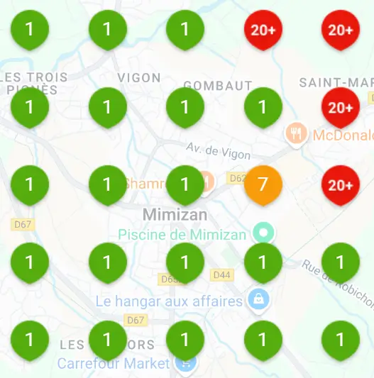 Carte centrée sur Mimizan (France) affichant des marqueurs colorés indiquant le nombre de points disponibles. La majorité des marqueurs sont verts avec le chiffre « 1 ». On trouve également un marqueur orange avec le chiffre « 7 » et plusieurs marqueurs rouges indiquant « 20+ ».