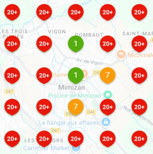 Carte centrée sur Mimizan (France) affichant de nombreux marqueurs rouges indiquant « 20+ ». Quelques marqueurs différents apparaissent : deux verts avec le chiffre « 1 » et deux oranges avec le chiffre « 7 ».