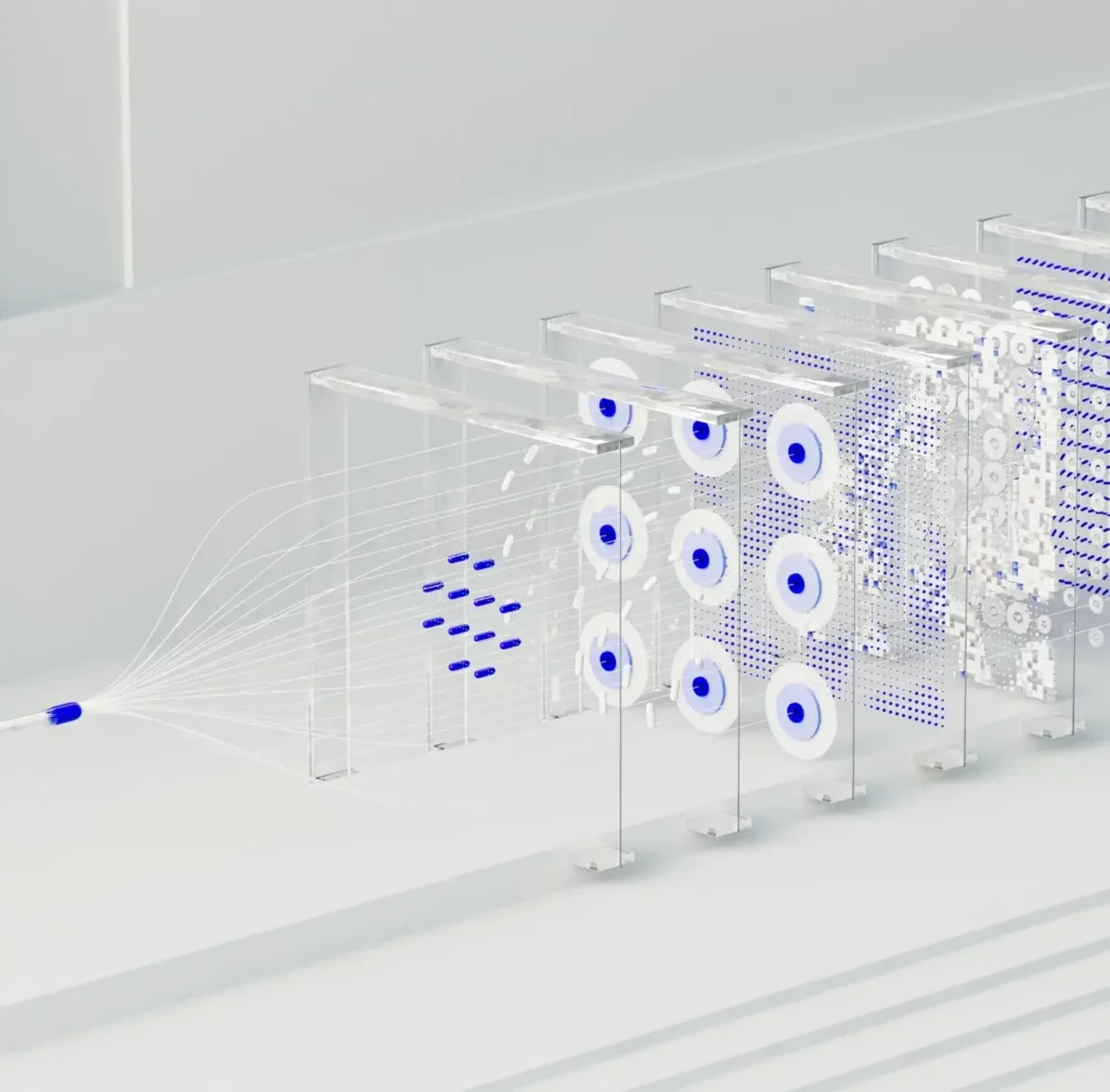 Une illustration abstraite d'un réseau de neurone avec transformers. Les plaques transparentes représentent un modèle d'intelligence artificielle.