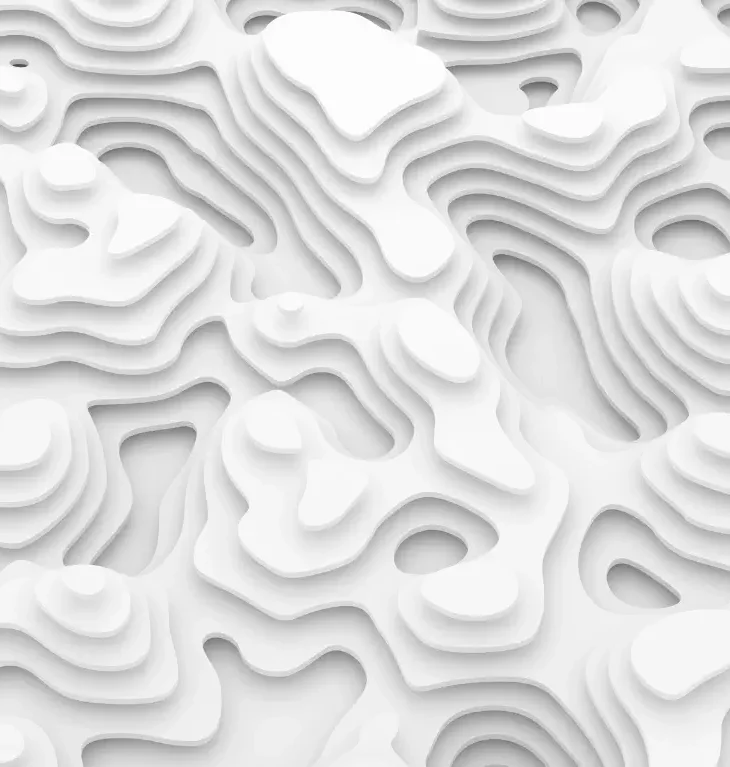Illustration abstraite en relief composée de couches blanches superposées, formant des formes organiques ondulées semblables à une carte topographique ou à des découpes de papier 3D.